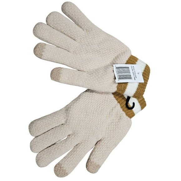 Adults Beige Brown Striped Knit Gloves Fuzzy Lined Touchscreen Tips Warm Cozy - Picture 3 of 6